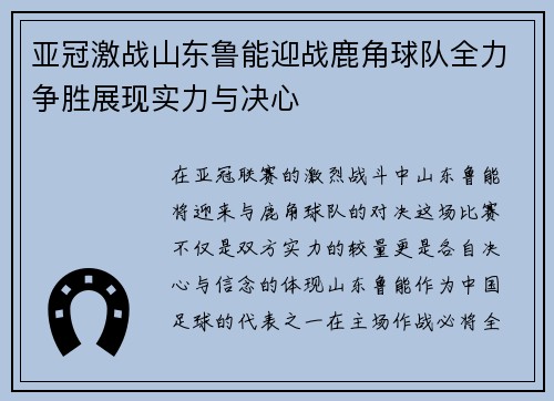 亚冠激战山东鲁能迎战鹿角球队全力争胜展现实力与决心
